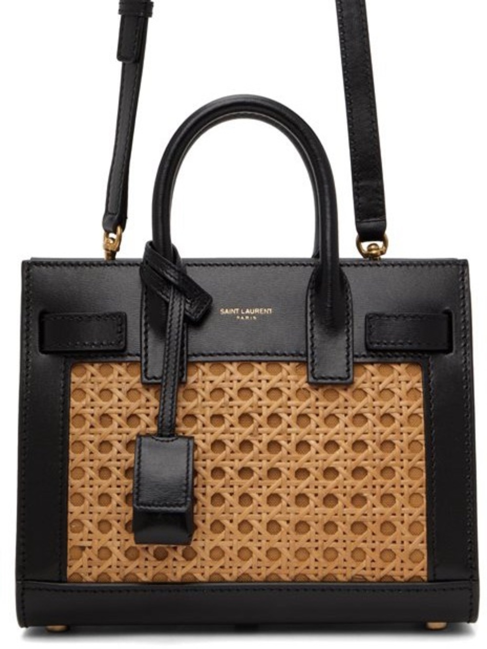 Saint Laurent Black Leather and Natural Rattan Classic Sac De Jour Nano Tote